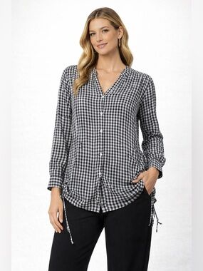 Zara Trafaluc Collection Black Gingham Tunic Blouse Top Roll Tab Sleeve Tie Side